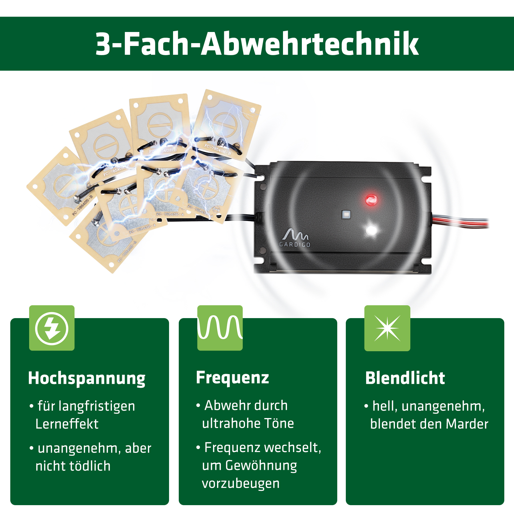 3-fach Marderschreck mit Hochspannung, Ultraschall und Blendlicht