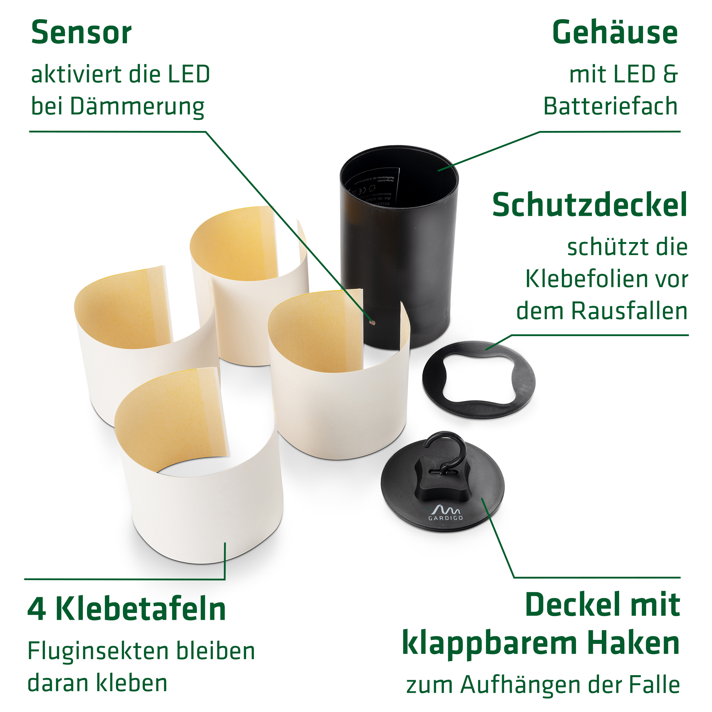 Unsere Insektenfalle ist kompakt, aber hat viele praktische Features. 