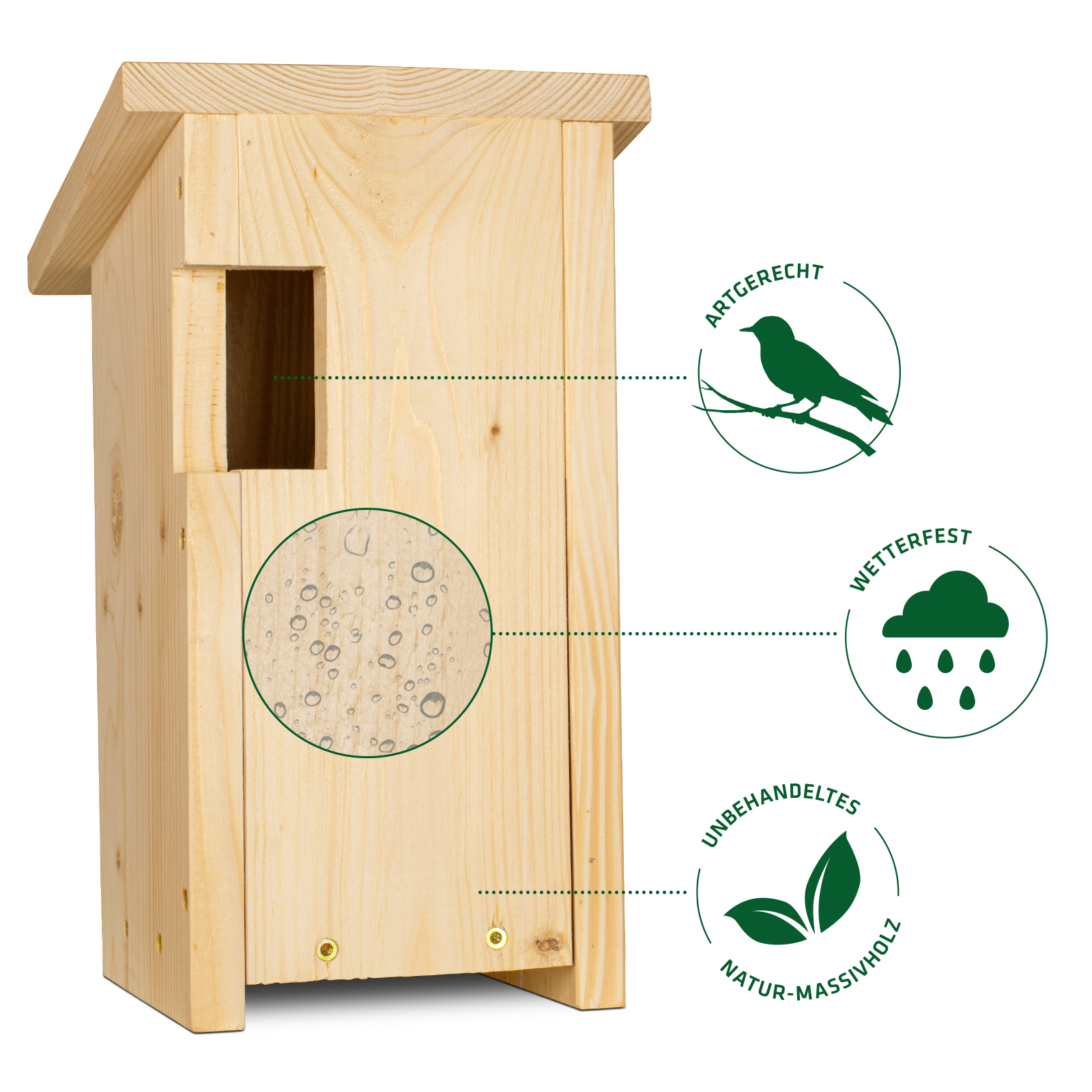 Die Nistkästen sind aus unbehandeltem Naturholz und daher artgerecht und besonders wetterfest.