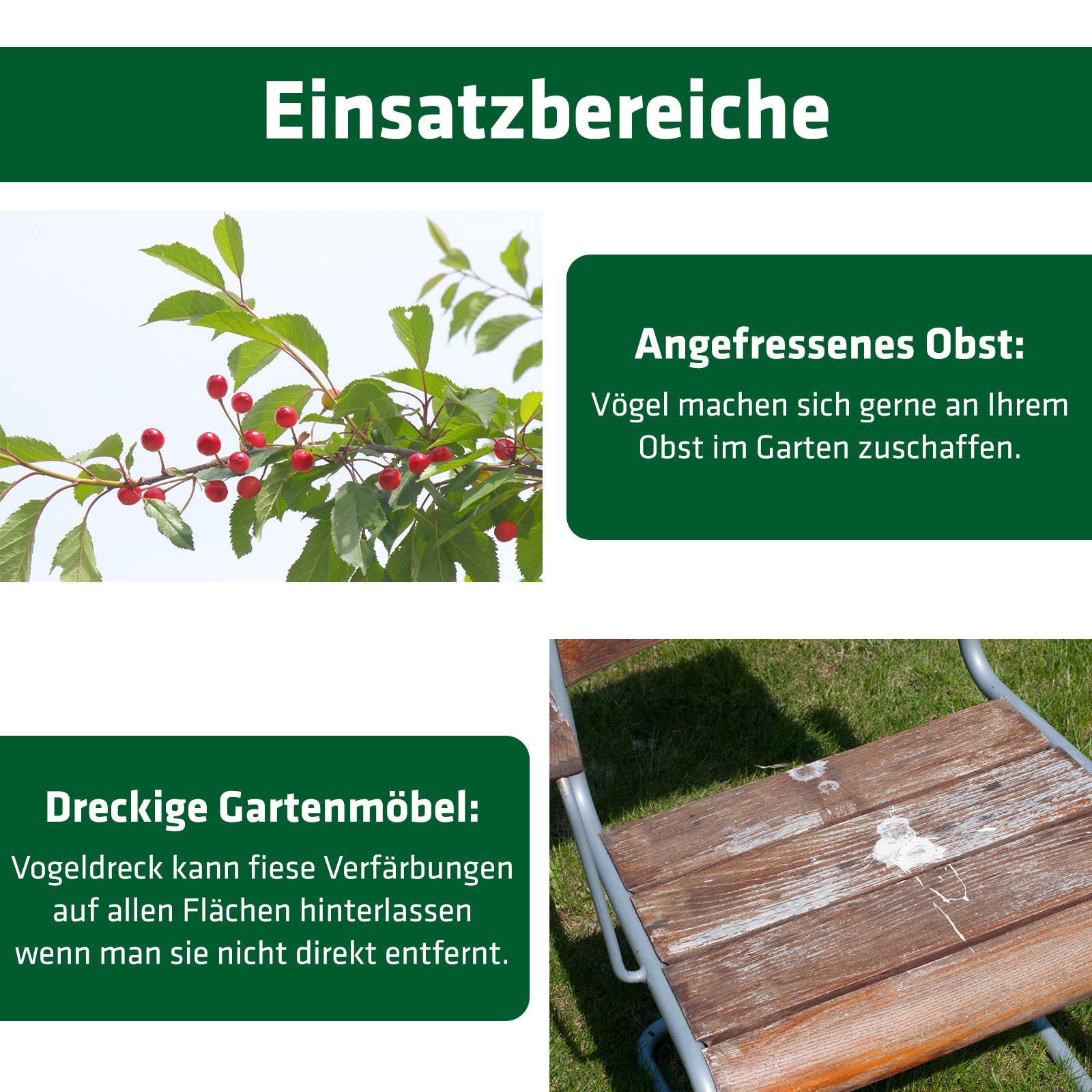 Vogelkot auf der Terrasse, den Gartenmöbeln oder abgefressene Kirschbäume. Bei diesen Problemen hilft die Vogel-Abwehr Solar!