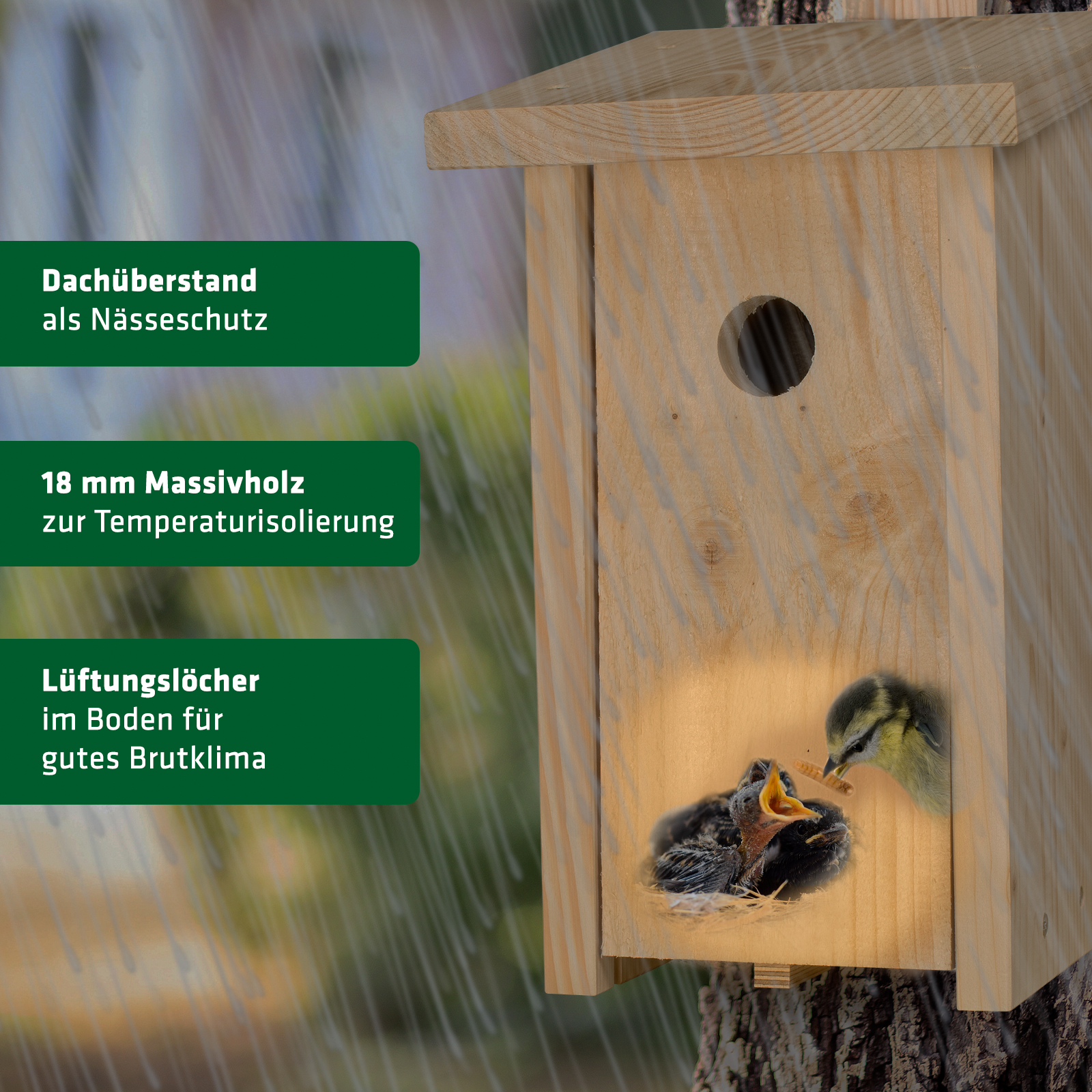 Durch den Dachüberstand wird das Nest vor Nässe geschützt und durch die Lüftungslöcher wird ein gutes Brutklima geschaffen. 