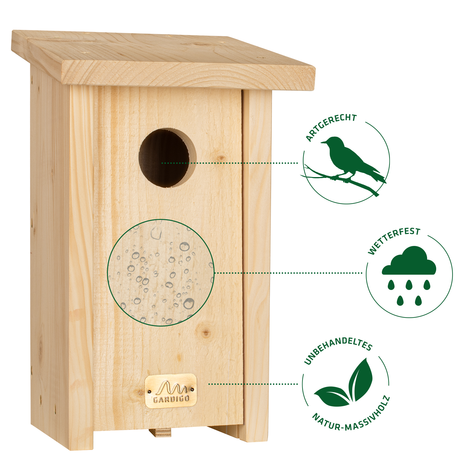 Die Nistkästen sind aus unbehandeltem Naturholz und daher artgerecht und besonders wetterfest.