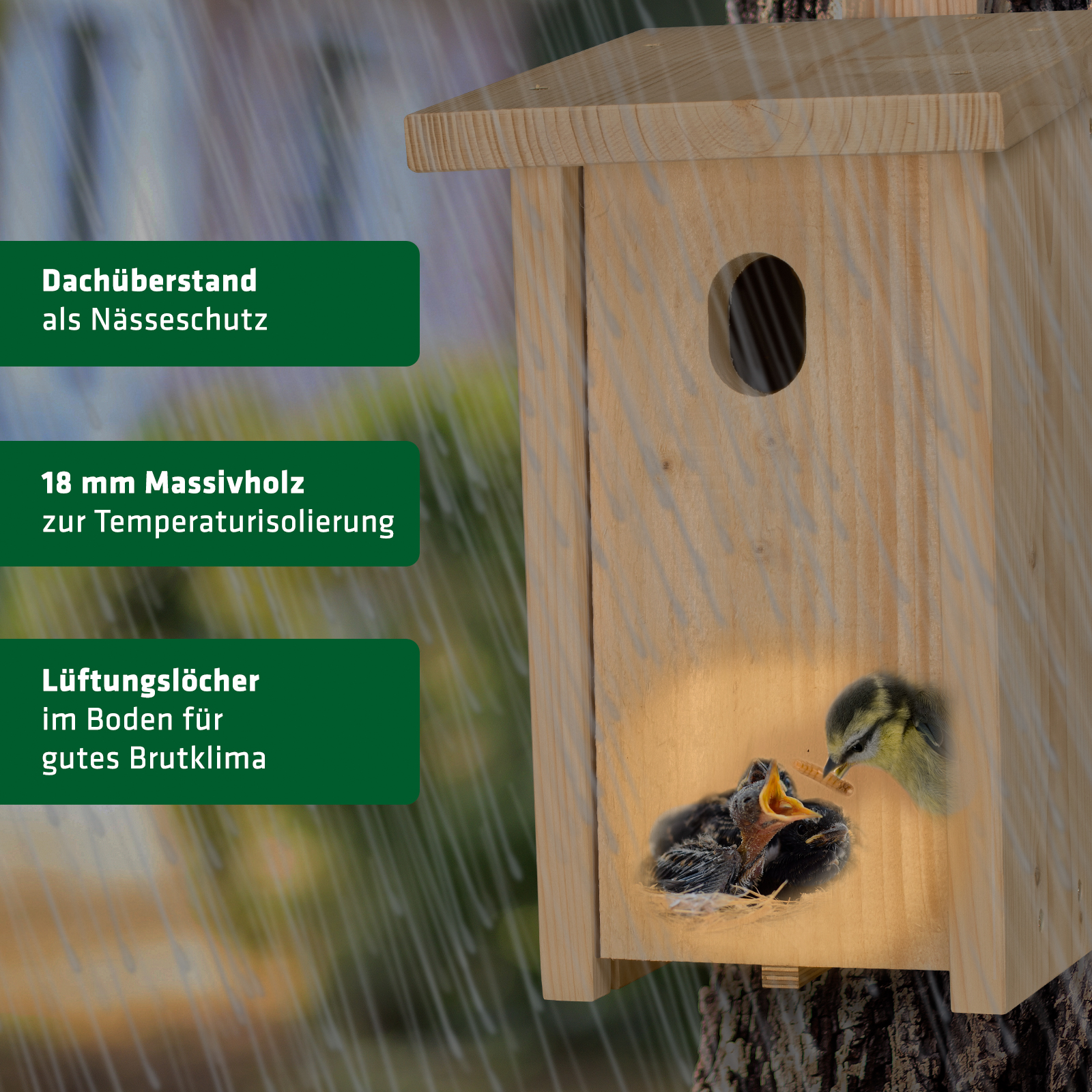 Durch den Dachüberstand wird das Nest vor Nässe geschützt und durch die Lüftungslöcher wird ein gutes Brutklima geschaffen. 