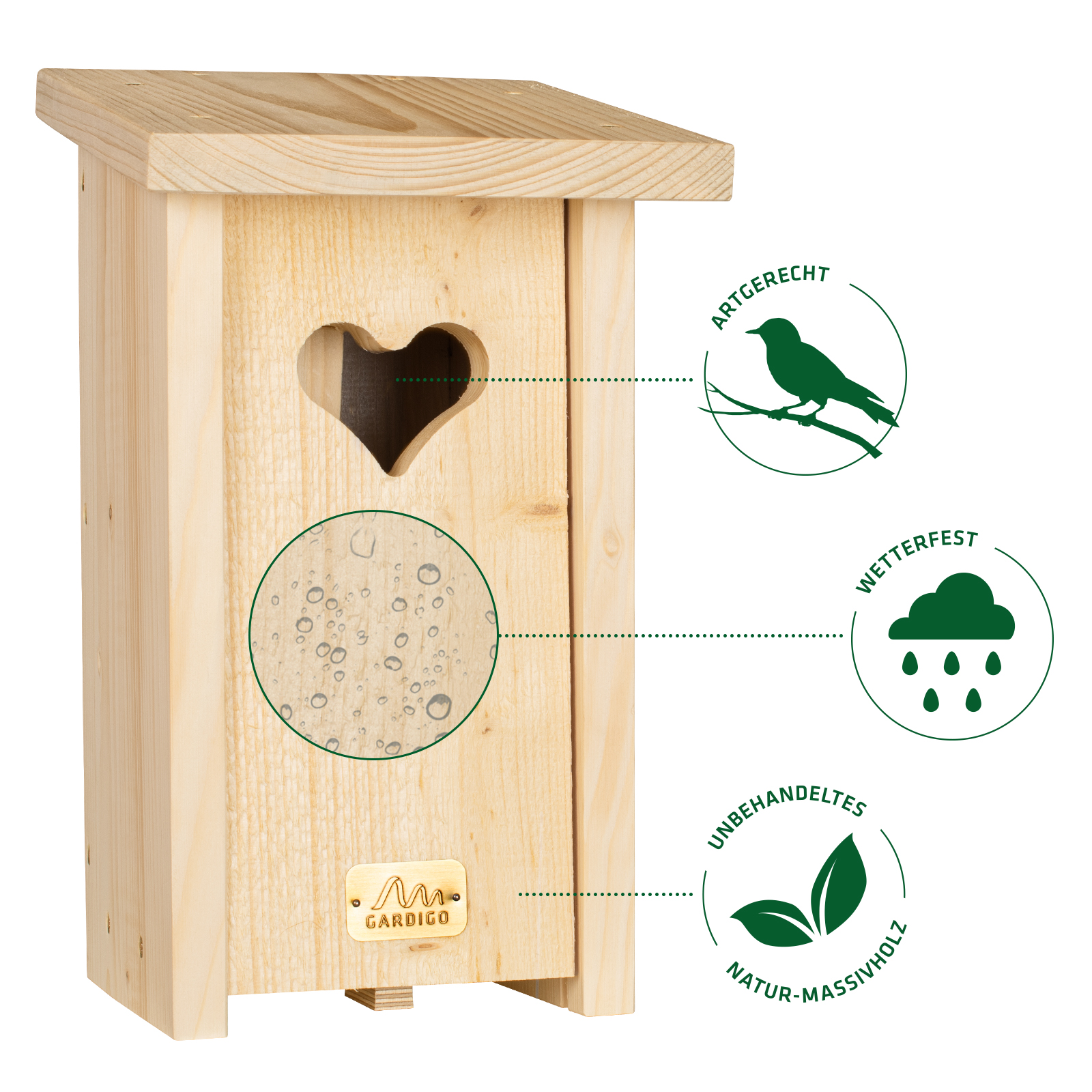 Unser Nistkasten ist auch unbehandeltem Natur-Massivholz und daher artgerecht und besonders wetterfest. 