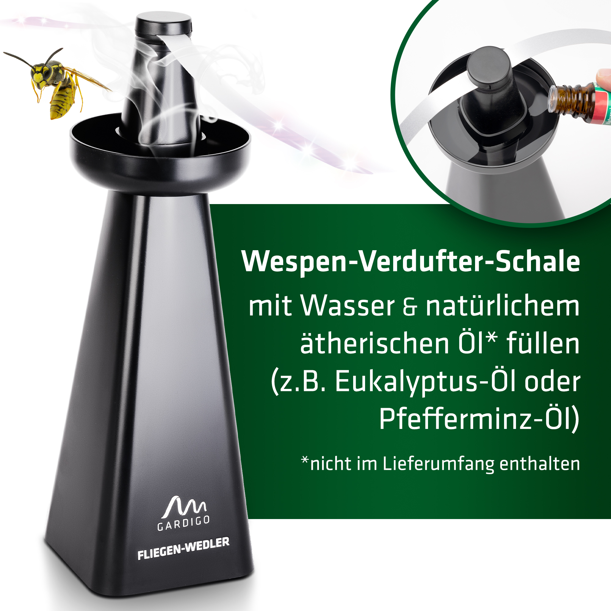 Mit der mitgelieferten Verdufterschale für Hausmittel (ätherisches Öl) wird aus dem Fliegenwedler ein WESPENWEDLER!