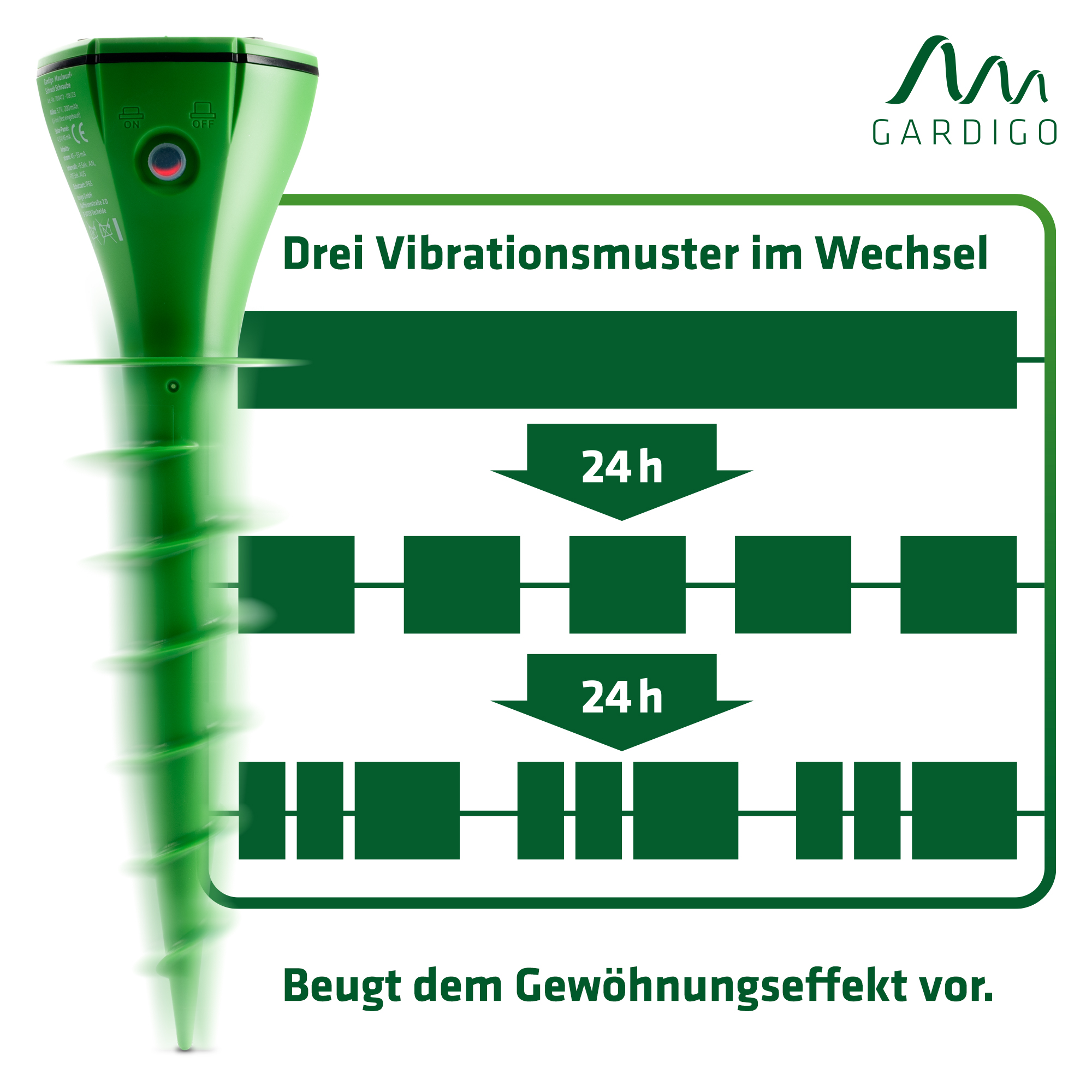 Drei Vibrationsmuster im Wechse, gegen den Gewöhunungseffekt. 