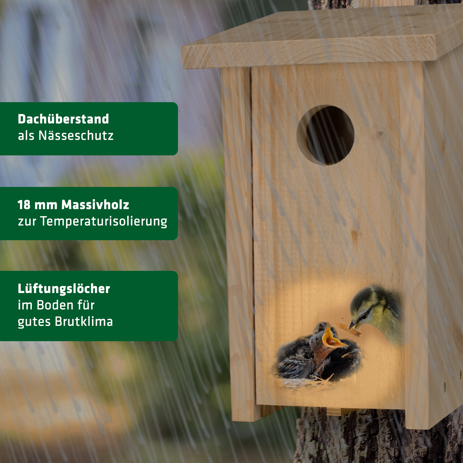 Durch den Dachüberstand wird das Nest vor Nässe geschützt und durch die Lüftungslöcher wird ein gutes Brutklima geschaffen. 