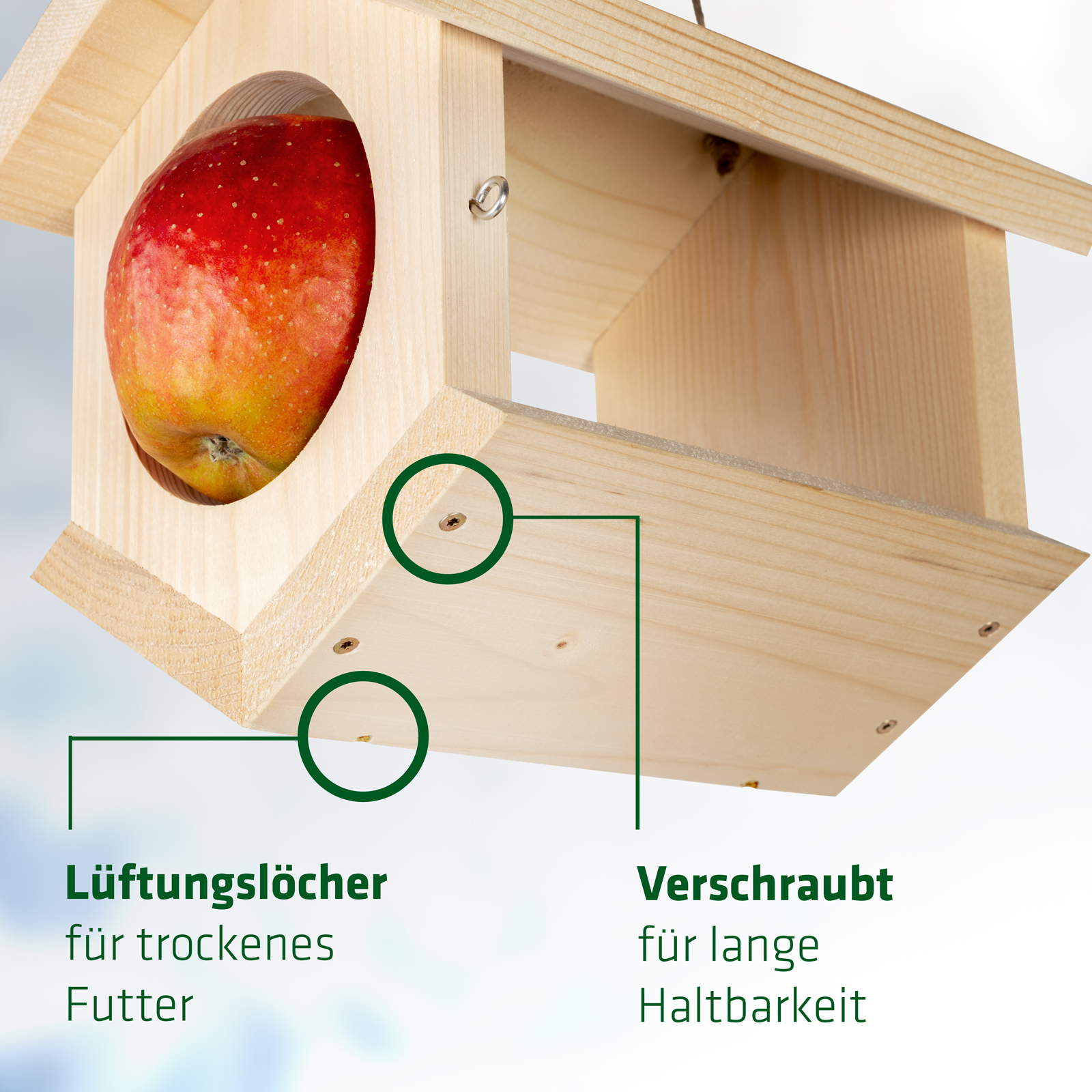 Durch die Lüftungslöcher bleibt das Futter trocken und die Verschraubung bringt eine lange Haltbarkeit mit sich. 