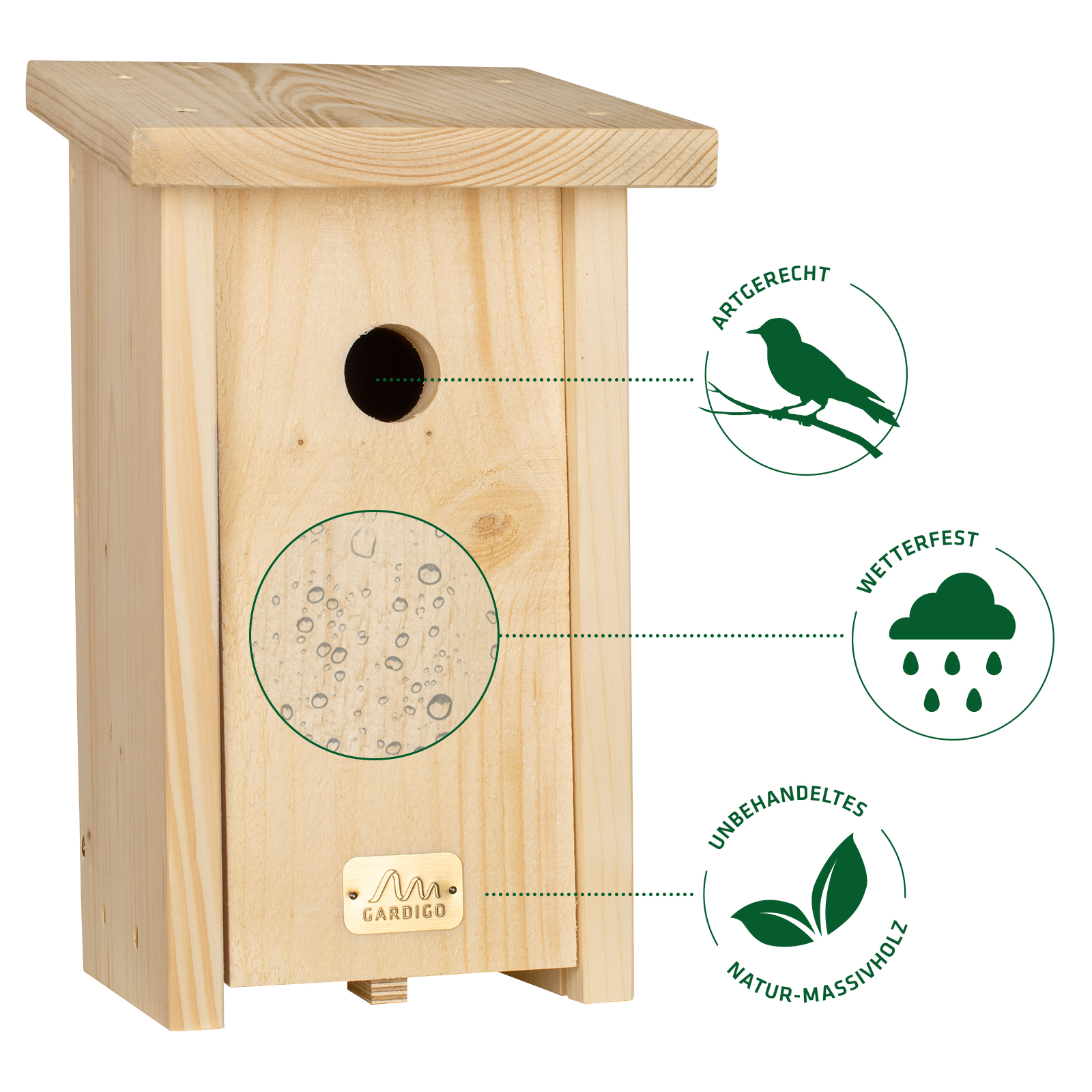 Die Nistkästen sind aus unbehandeltem Naturholz und sind somit artgerecht sowie besonders wetterfest. 