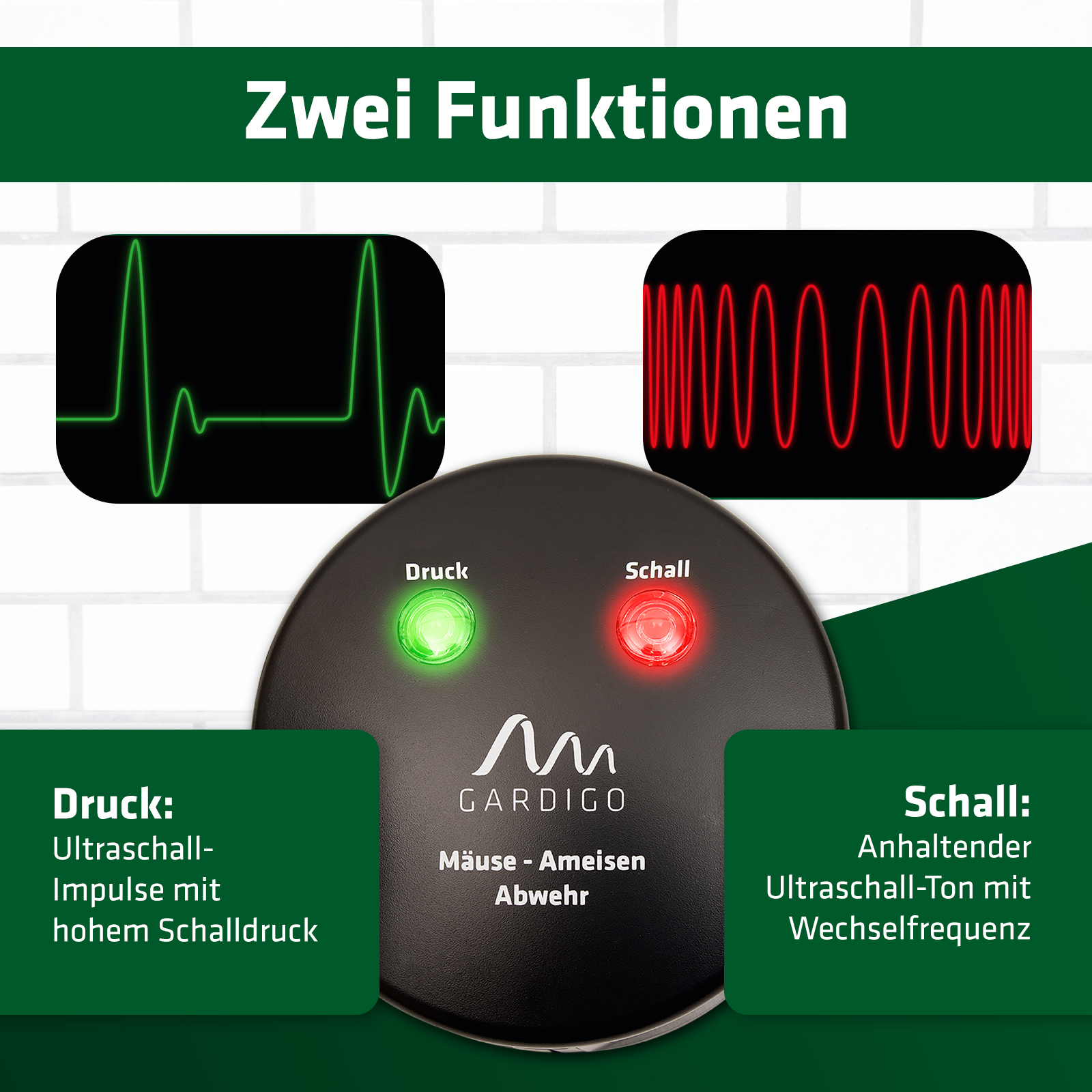 Zwei verschiedene Betriebsmodi: Schallimpulse und Ultraschall mit Wechselfrequenz gegen den Gewöhnungseffekt. 