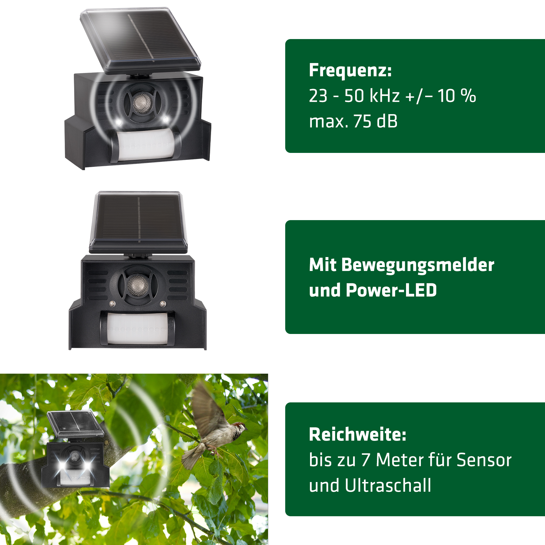 Der Vogelschreck arbeitet mit Ultraschall und ist für Menschen nicht hörbar. Die Bewegungen der Vögel werden von einem Sensor erfast.