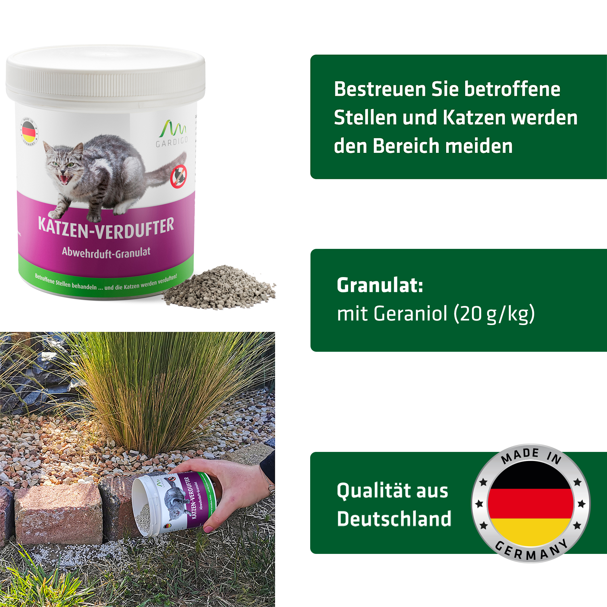 Das Granulat gegen Katzen enthält Geraniol. 