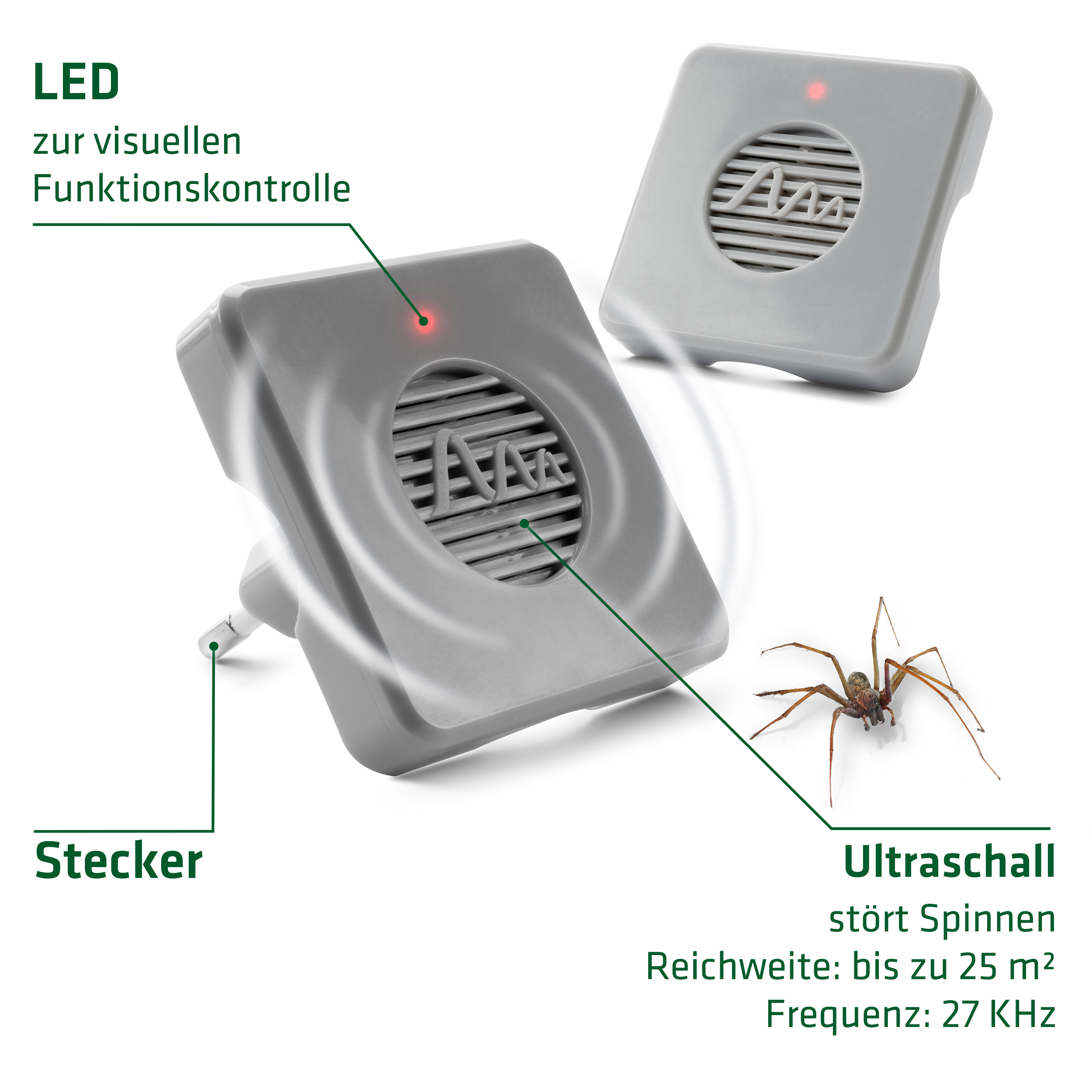 Spinnen vertreiben mit dem Ultraschall-Stecker von GARDIGO.