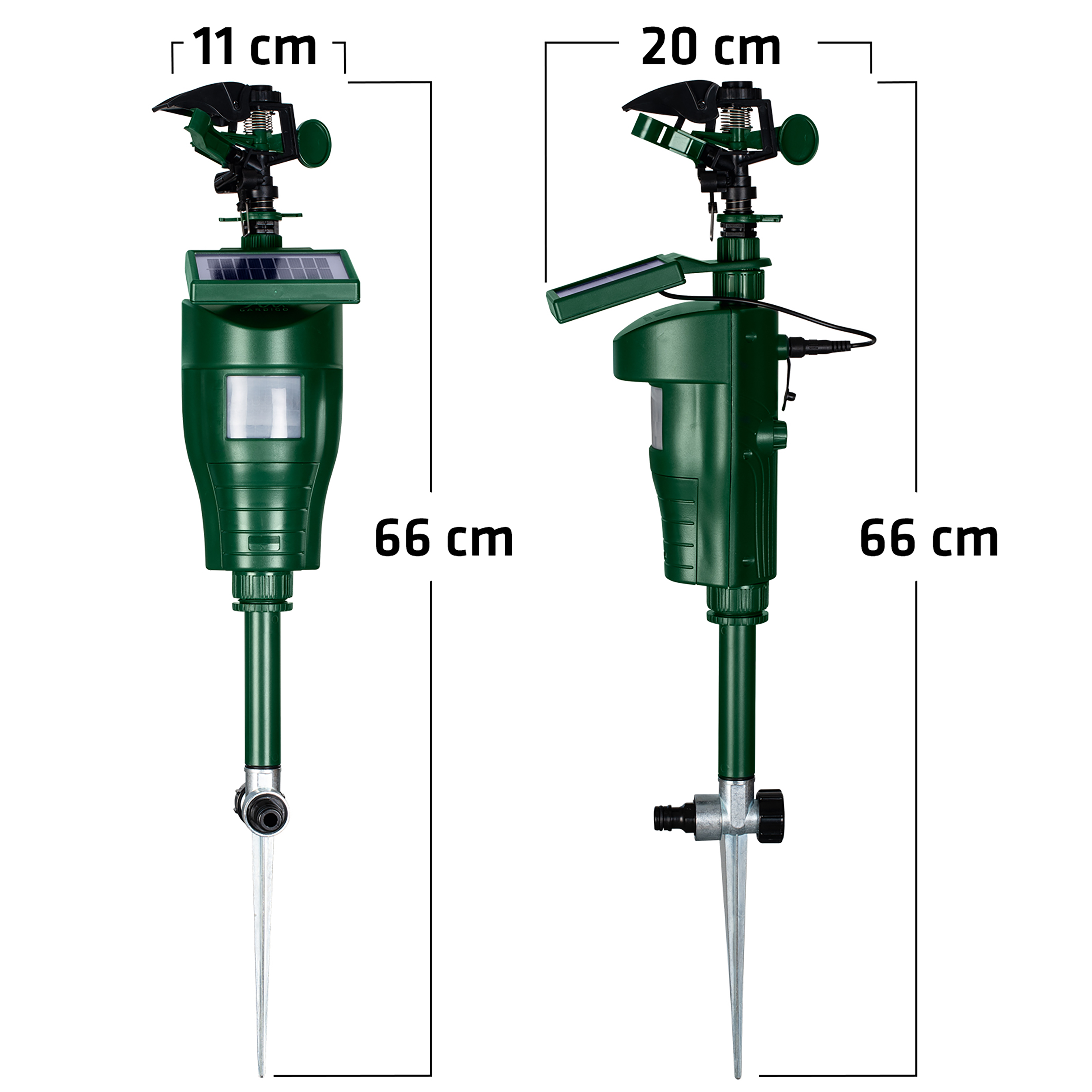 Zusammengebaut hat die Solar-Wasser-Tierabwehr die optimale Höhe um einen großen Bereich abzudecken. 