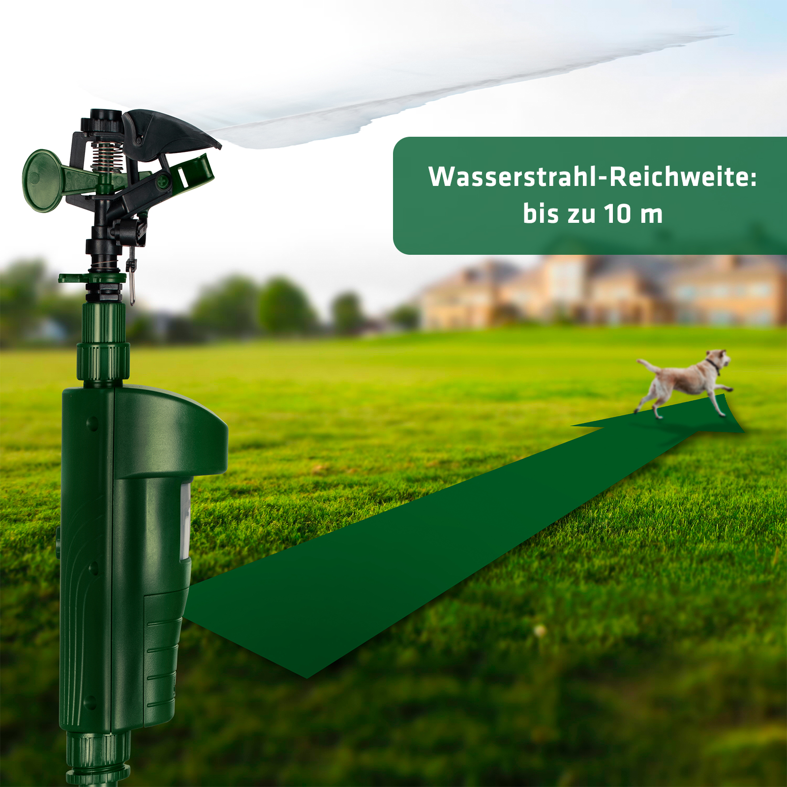 Der Wasserstrahl reicht bis zu 10 m weit. Das Gerät kann aber auch auf eine kürzere Distanz eingestellt werden.